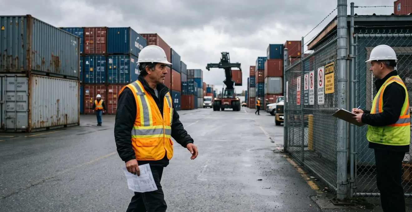 A worker in a high-visibility vest and hard hat arrives at a container terminal gate in Metro Vancouver at the start of a shift, holding a shift slip while a supervisor waits with a clipboard.