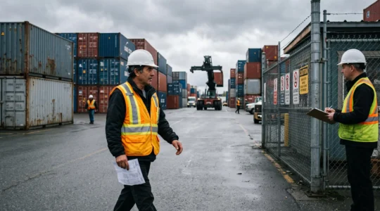 A worker in a high-visibility vest and hard hat arrives at a container terminal gate in Metro Vancouver at the start of a shift, holding a shift slip while a supervisor waits with a clipboard.